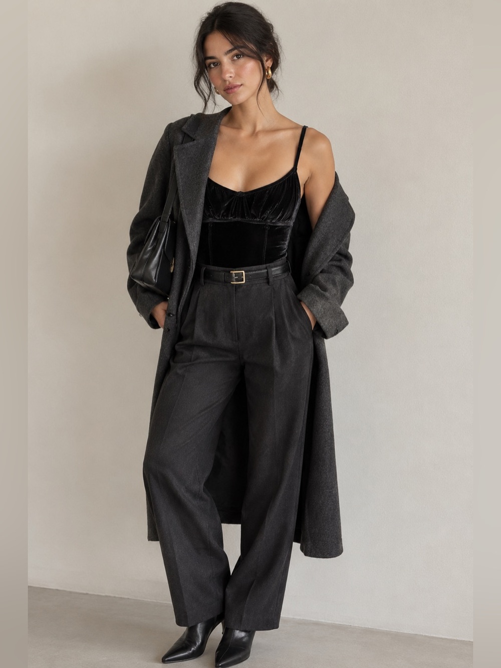 Black Velvet Tank Top Bodysuit with Adjustable Straps and Mesh Side Panels